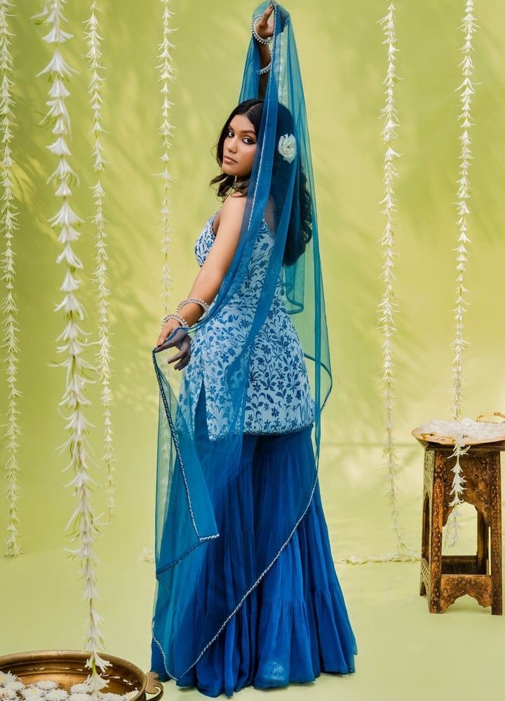 Teal Blue Floral Printed Crepe Sharara Set With Dupatta Redpine - Fabilicious Fashion