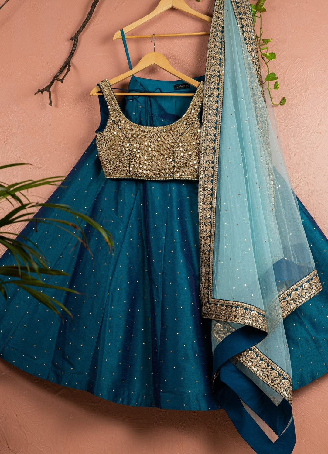 Teal Blue Stonework Silk Lehenga With Gold and Teal Mirror Blouse and Sky Blue Dupatta Anisha Shetty - Fabilicious Fashion
