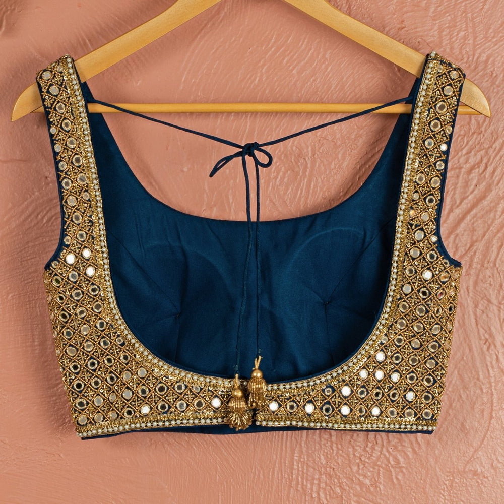 Teal Blue Stonework Silk Lehenga With Gold and Teal Mirror Blouse and Sky Blue Dupatta Anisha Shetty - Fabilicious Fashion