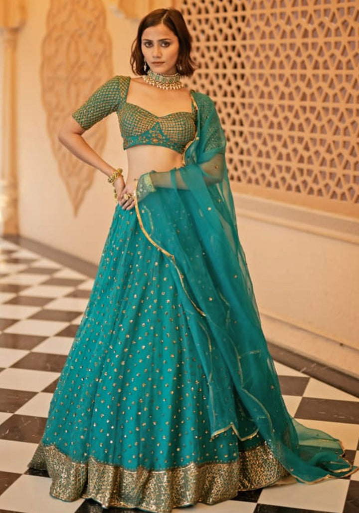Teal Green Organza Lehenga Set Esha Koul - Fabilicious Fashion