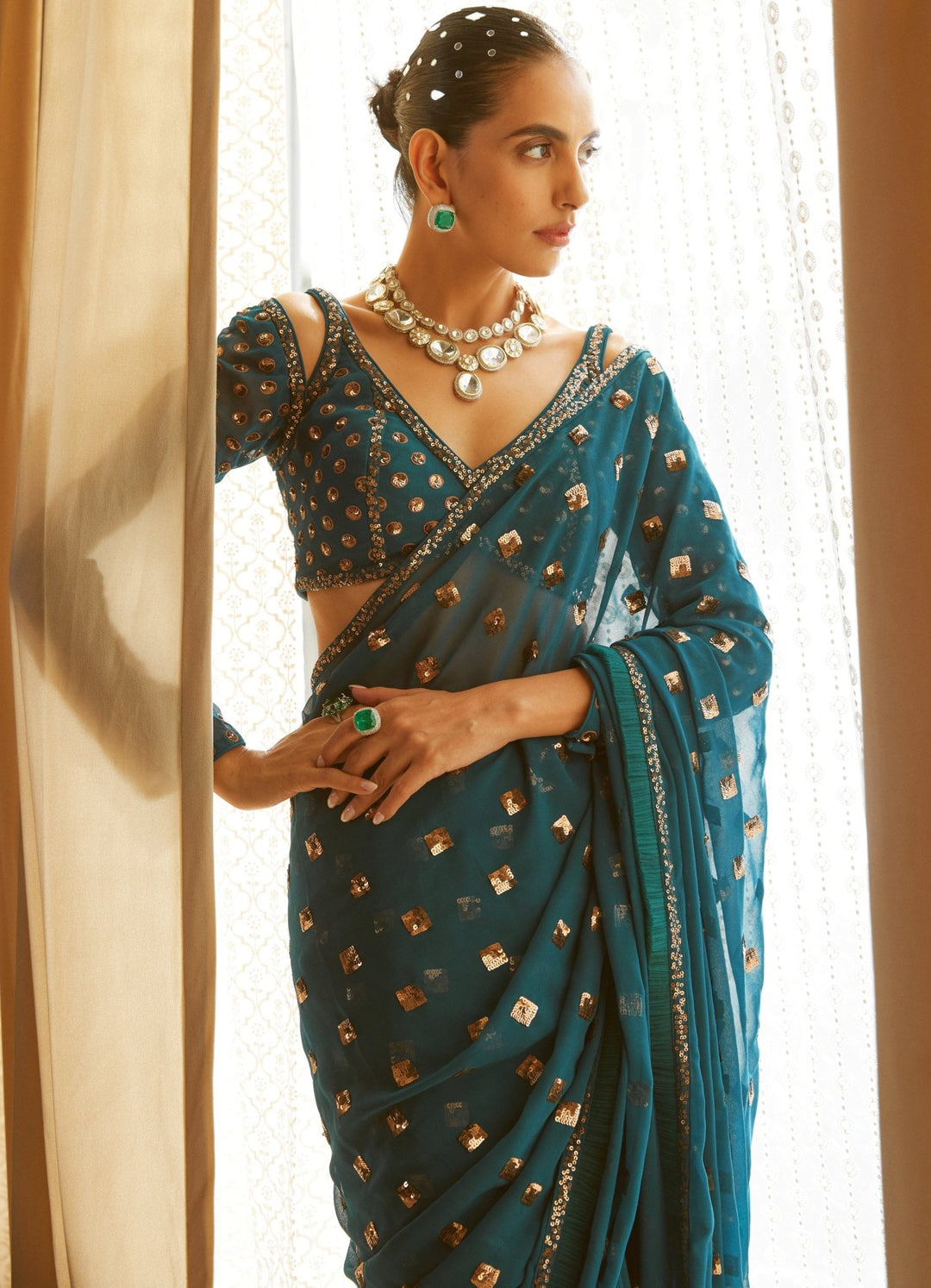 Teal Green Satin Organza Saree With Full Sleeved Blouse Vvani by Vani Vats - Fabilicious Fashion