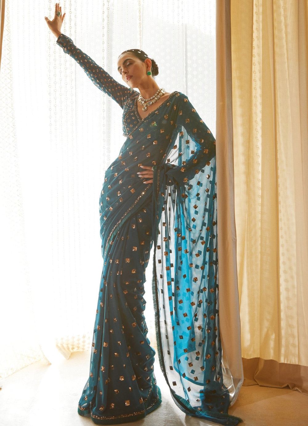 Teal Green Satin Organza Saree With Full Sleeved Blouse Vvani by Vani Vats - Fabilicious Fashion