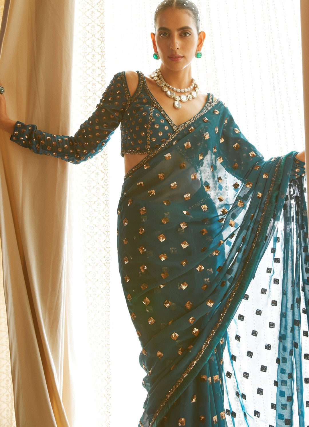 Teal Green Satin Organza Saree With Full Sleeved Blouse Vvani by Vani Vats - Fabilicious Fashion