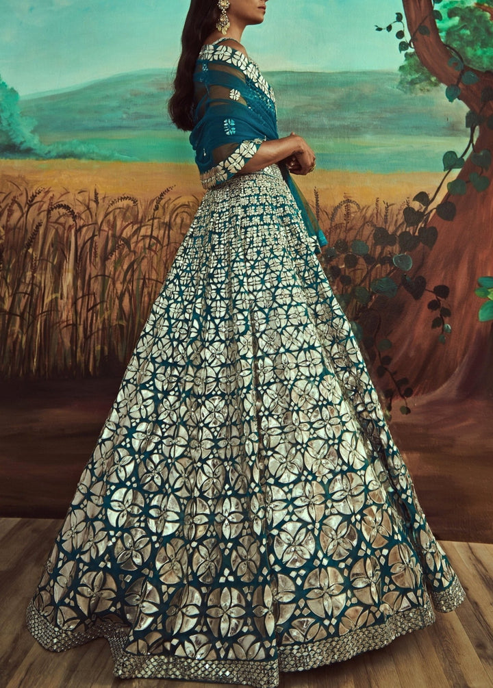 Teal Leather & Mirror Lehenga Set Angad Singh - Fabilicious Fashion