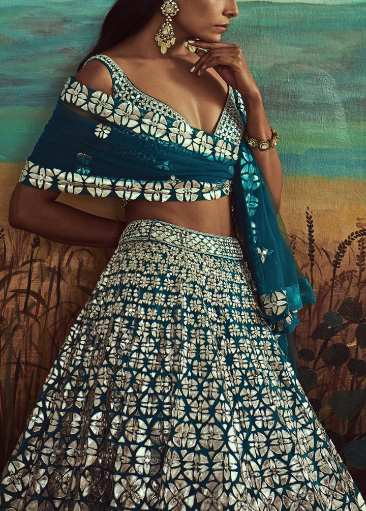 Teal Leather & Mirror Lehenga Set Angad Singh - Fabilicious Fashion