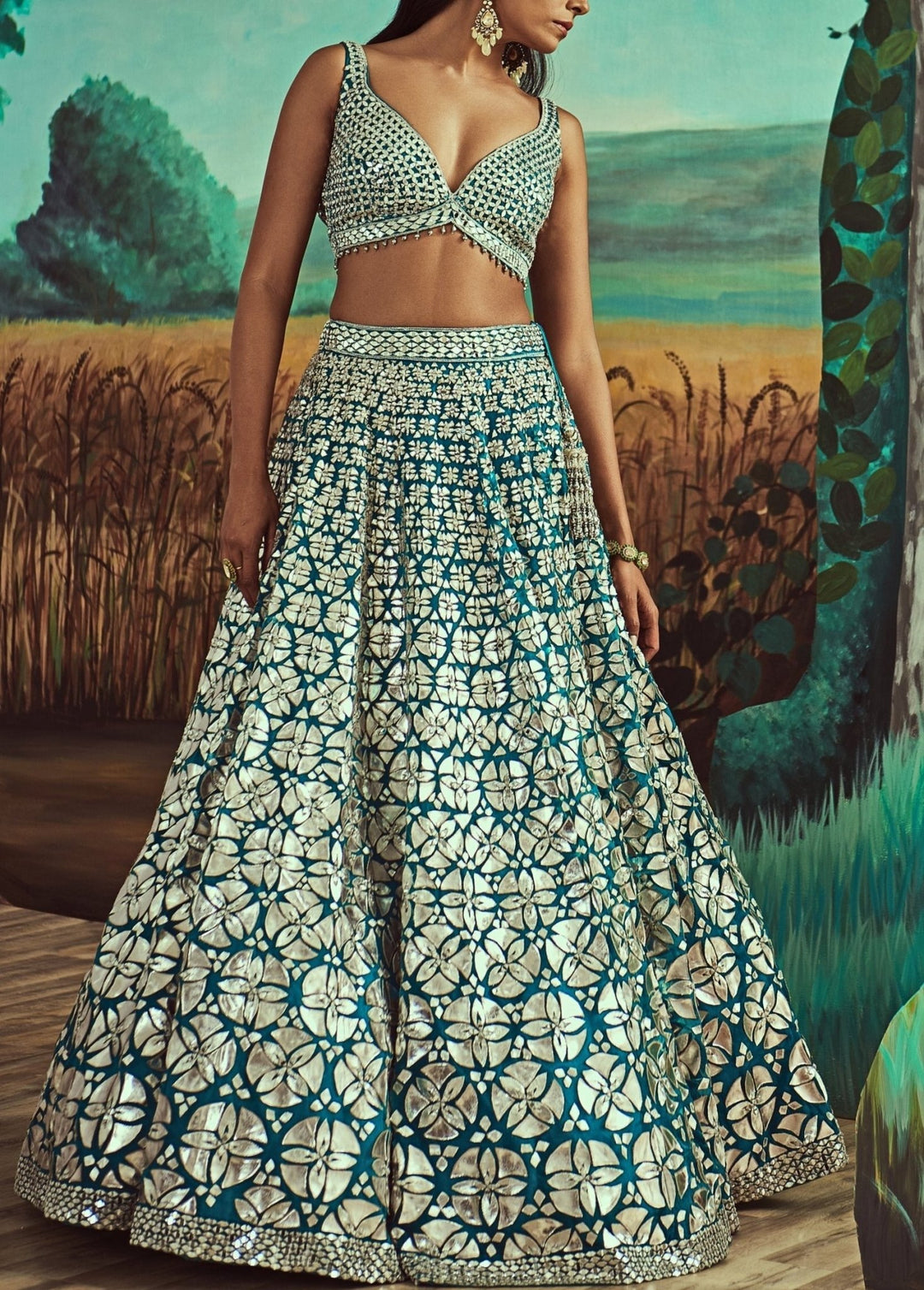 Teal Leather & Mirror Lehenga Set Angad Singh - Fabilicious Fashion