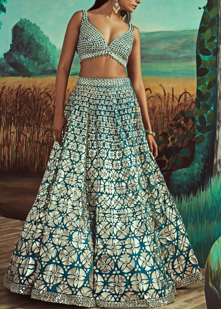 Teal Leather & Mirror Lehenga Set Angad Singh - Fabilicious Fashion