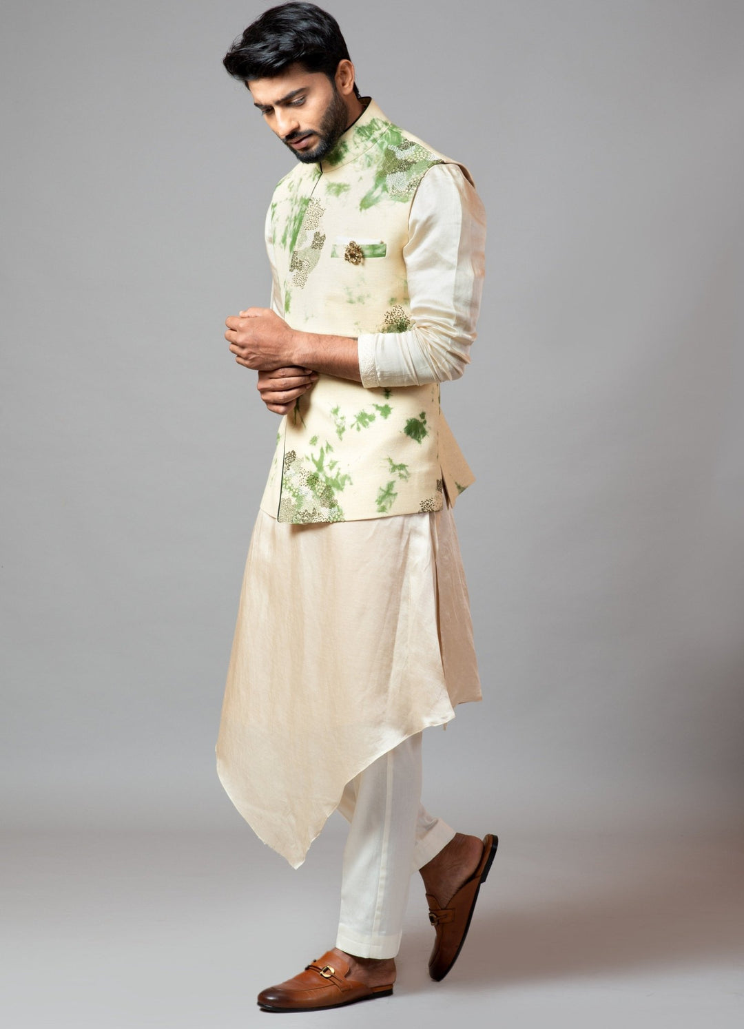 Tie & Dye Green Nehru Jacket With Drape Kurta And Pant Pajama Smriti - Fabilicious Fashion
