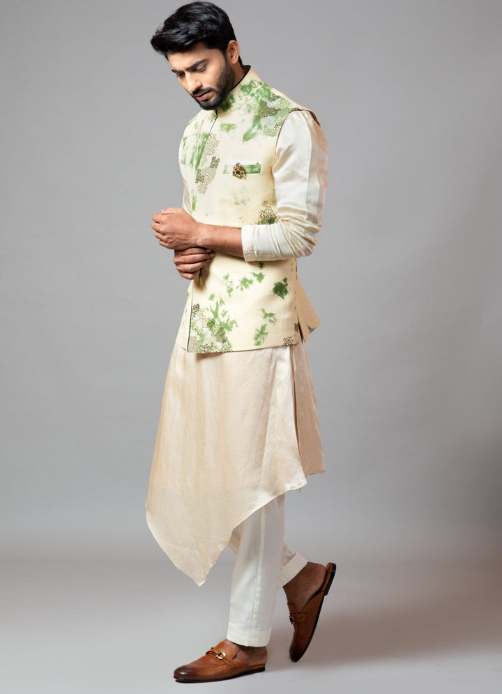 Tie & Dye Green Nehru Jacket With Drape Kurta And Pant Pajama Smriti - Fabilicious Fashion