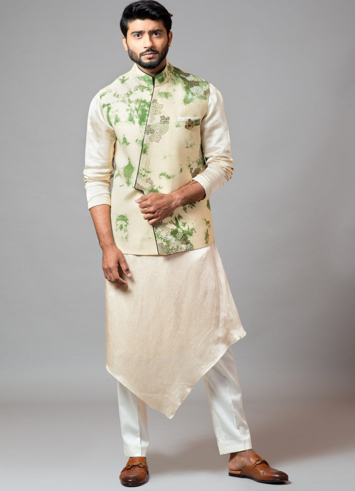 Tie & Dye Green Nehru Jacket With Drape Kurta And Pant Pajama Smriti - Fabilicious Fashion