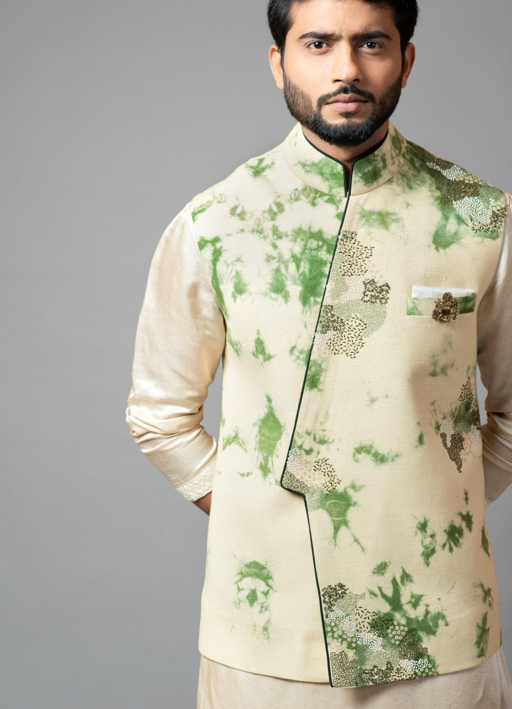 Tie & Dye Green Nehru Jacket With Drape Kurta And Pant Pajama Smriti - Fabilicious Fashion