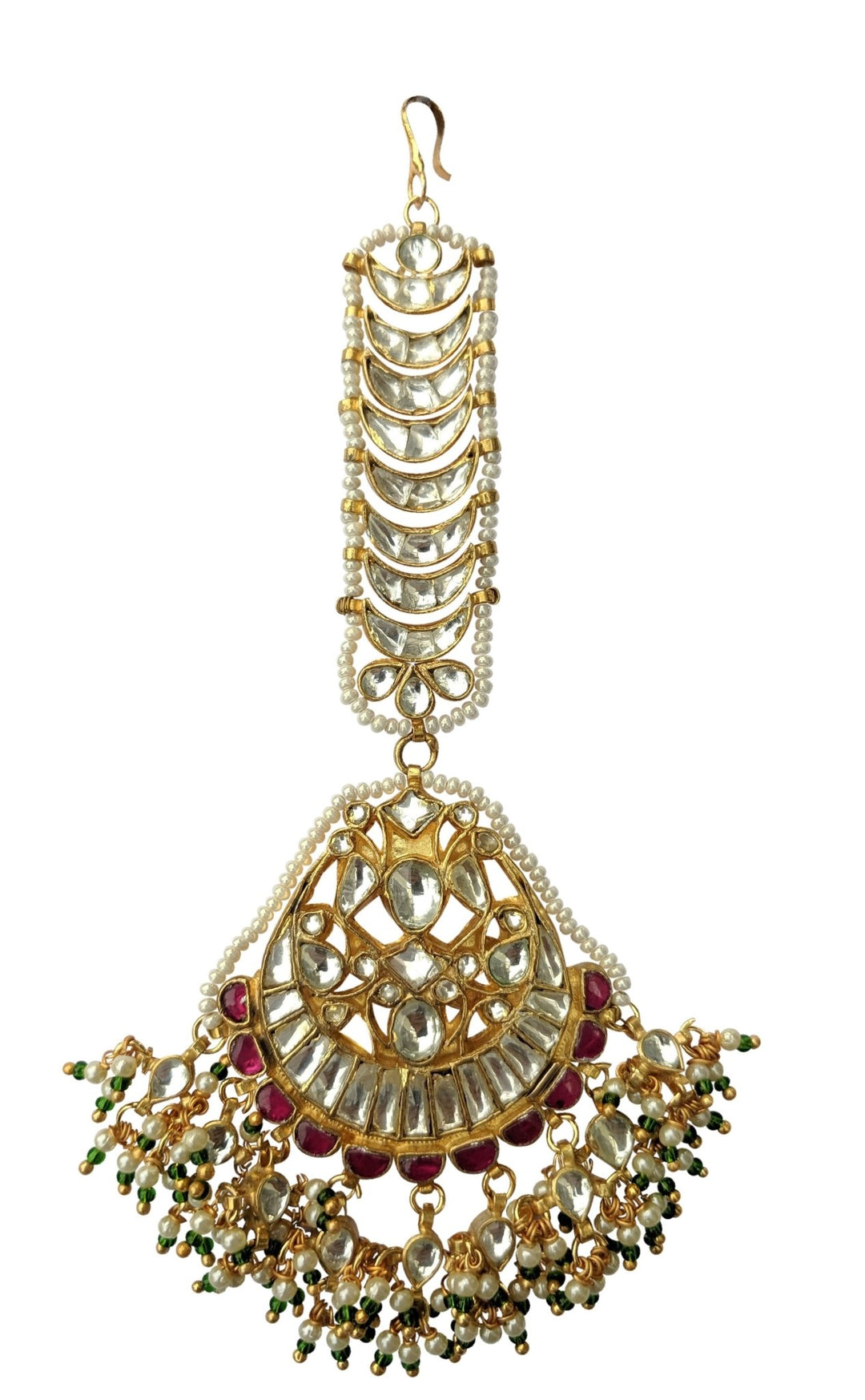 Tikka Studded With White And Pink Jadtar Stones And Beaded With Tiny Pearls And Green Beads Riana by Shikha Jindal - Fabilicious Fashion