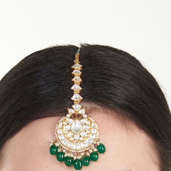 Tikka With Jadtar Stone And Green Hangings Riana by Shikha Jindal - Fabilicious Fashion