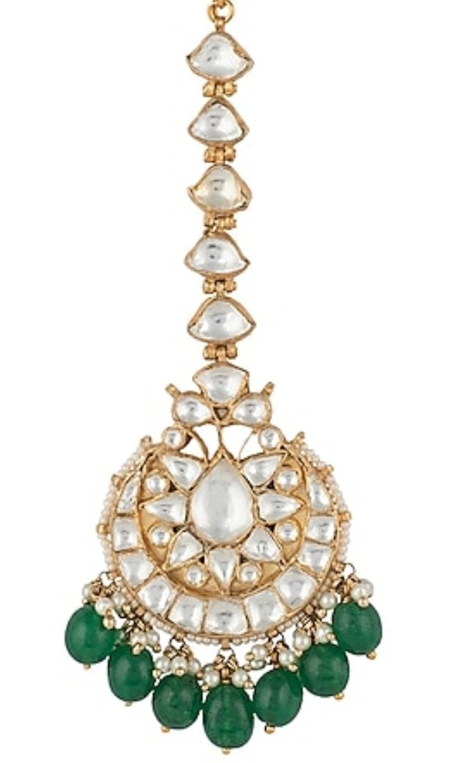 Tikka With Jadtar Stone And Green Hangings Riana by Shikha Jindal - Fabilicious Fashion