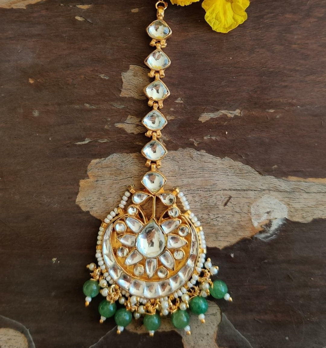 Tikka With Jadtar Stone And Green Hangings Riana by Shikha Jindal - Fabilicious Fashion