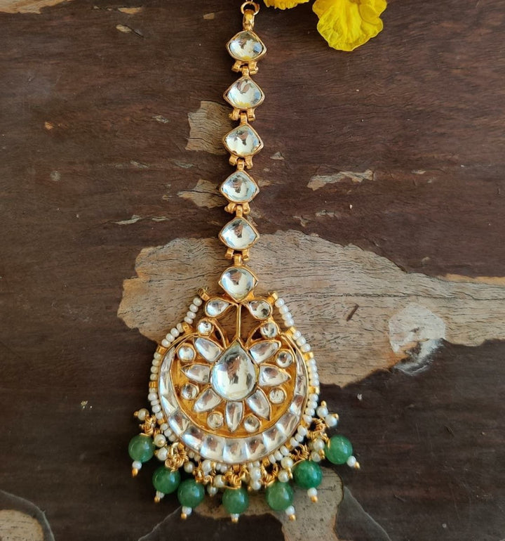 Tikka With Jadtar Stone And Green Hangings Riana by Shikha Jindal - Fabilicious Fashion
