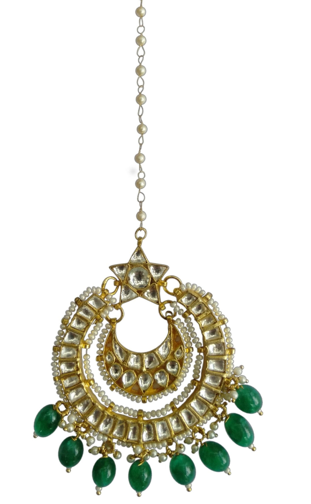 Tikka With Star Shaped Design On Jadtar Stones And Green Hangings Riana by Shikha Jindal - Fabilicious Fashion