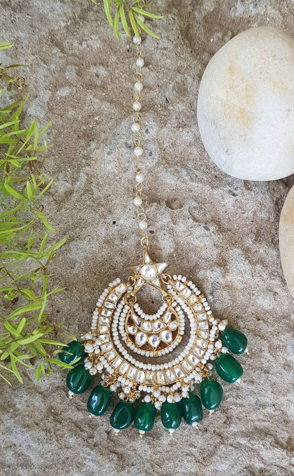 Tikka With Star Shaped Design On Jadtar Stones And Green Hangings Riana by Shikha Jindal - Fabilicious Fashion