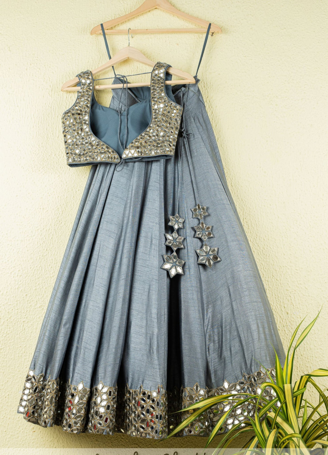 Tinged Blue Shimmer Mirror Work Lehenga Set Anisha Shetty - Fabilicious Fashion