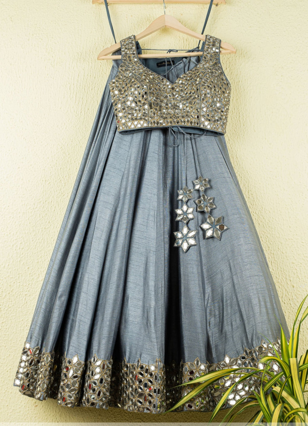 Tinged Blue Shimmer Mirror Work Lehenga Set Anisha Shetty - Fabilicious Fashion