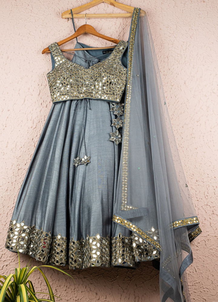 Tinged Blue Shimmer Mirror Work Lehenga Set Anisha Shetty - Fabilicious Fashion