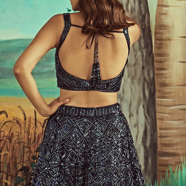 Midnight Blue Sequins and Crystal Lehenga Set Angad Singh - Fabilicious Fashion
