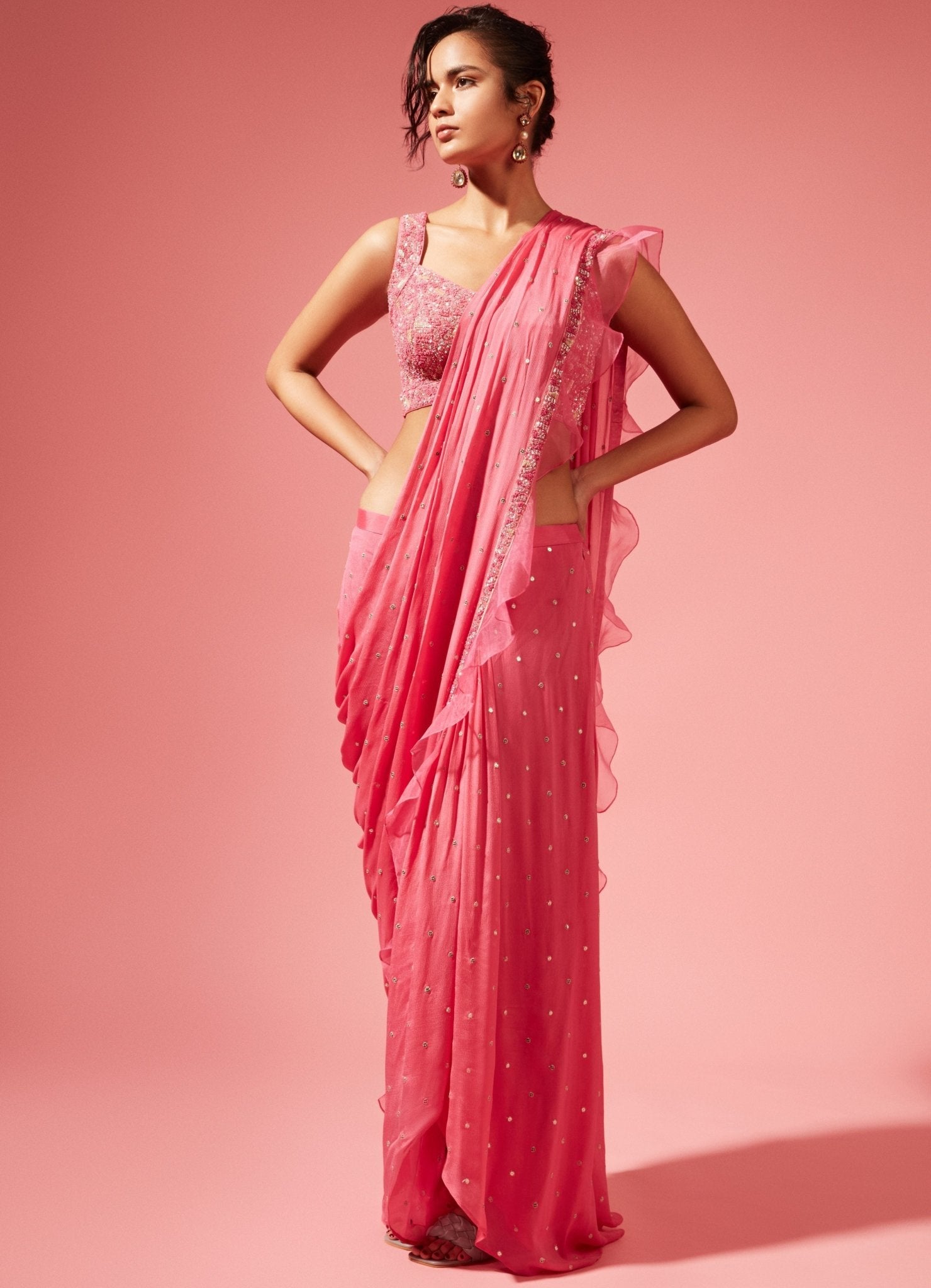 Tori pink pre-stitched saree — modern saree by Chamee N Palak