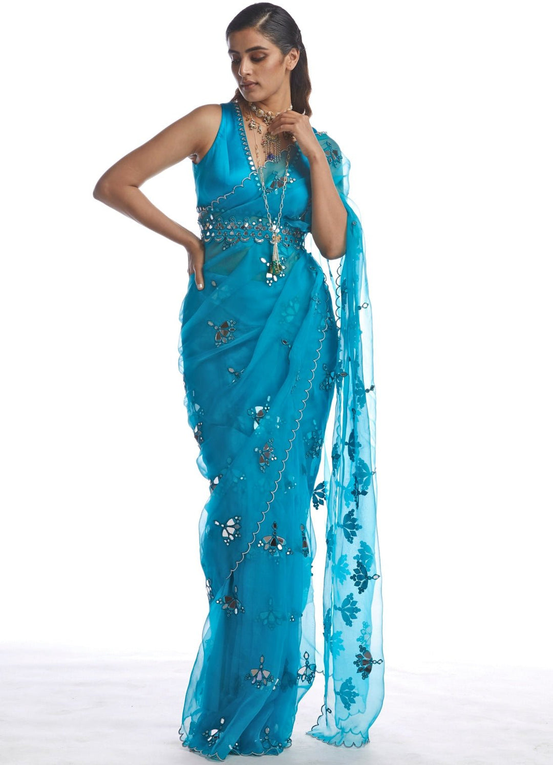 Turquoise Blue Mirror Cut Work Saree Set Vvani by Vani Vats - Fabilicious Fashion