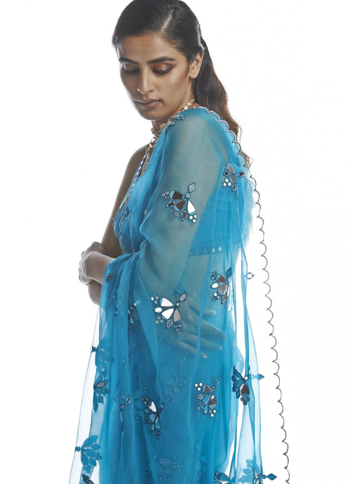 Turquoise Blue Mirror Cut Work Saree Set Vvani by Vani Vats - Fabilicious Fashion