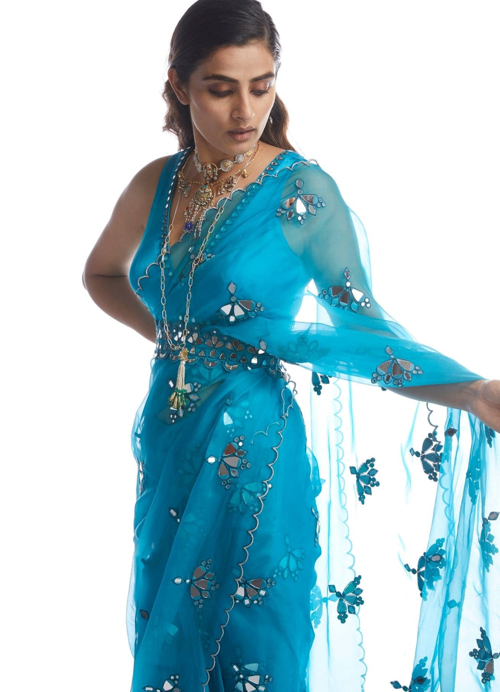Turquoise Blue Mirror Cut Work Saree Set Vvani by Vani Vats - Fabilicious Fashion