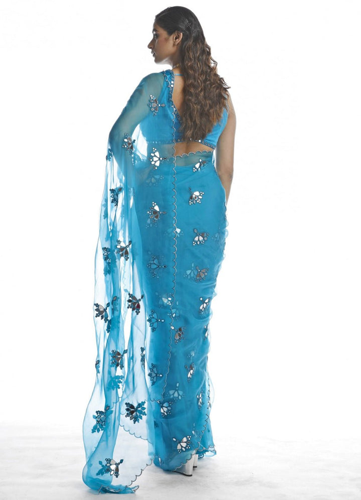 Turquoise Blue Mirror Cut Work Saree Set Vvani by Vani Vats - Fabilicious Fashion
