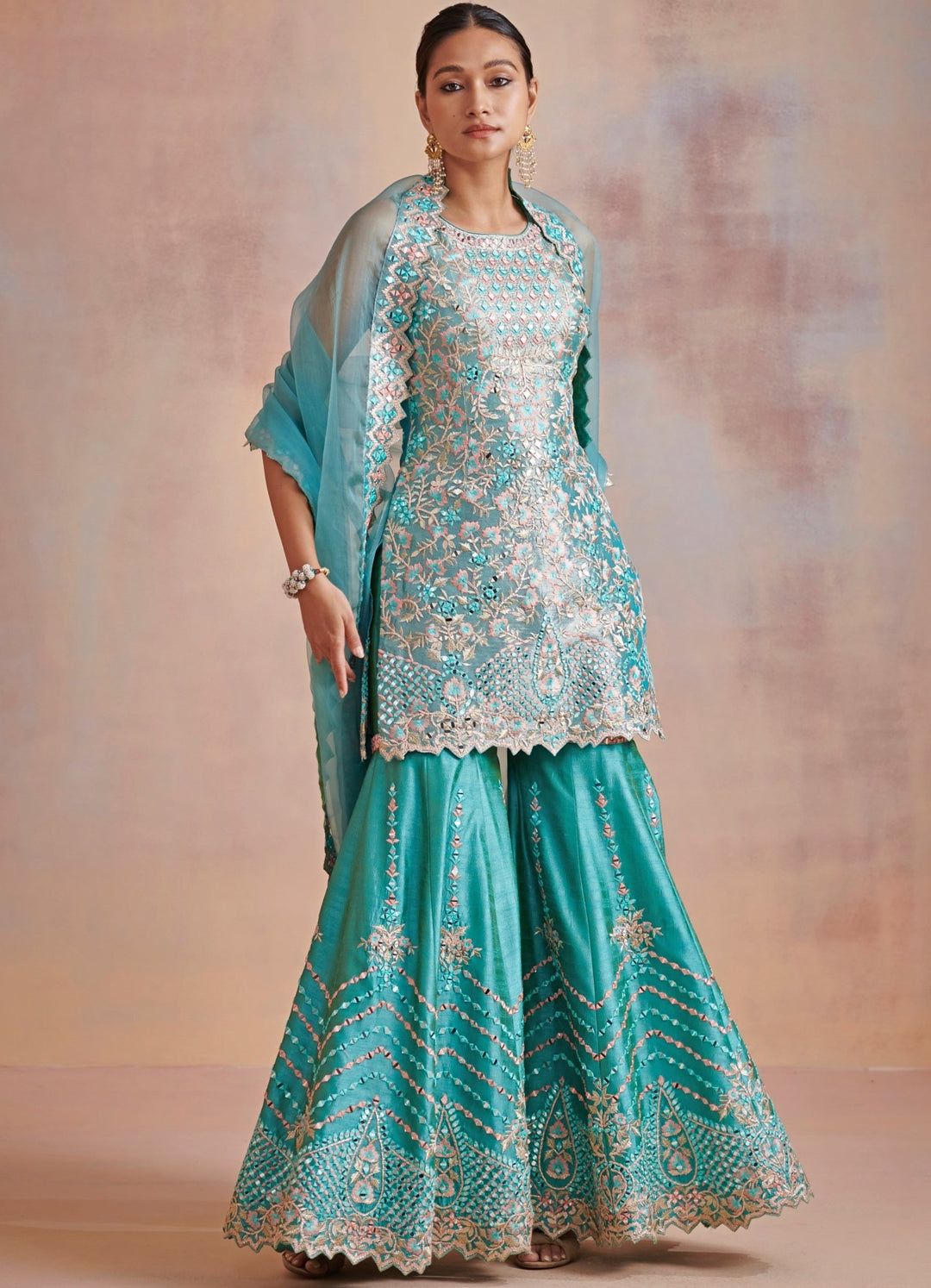 Turquoise Blue Resham and Mirror Tissue Kurta Set Suhino - Fabilicious Fashion
