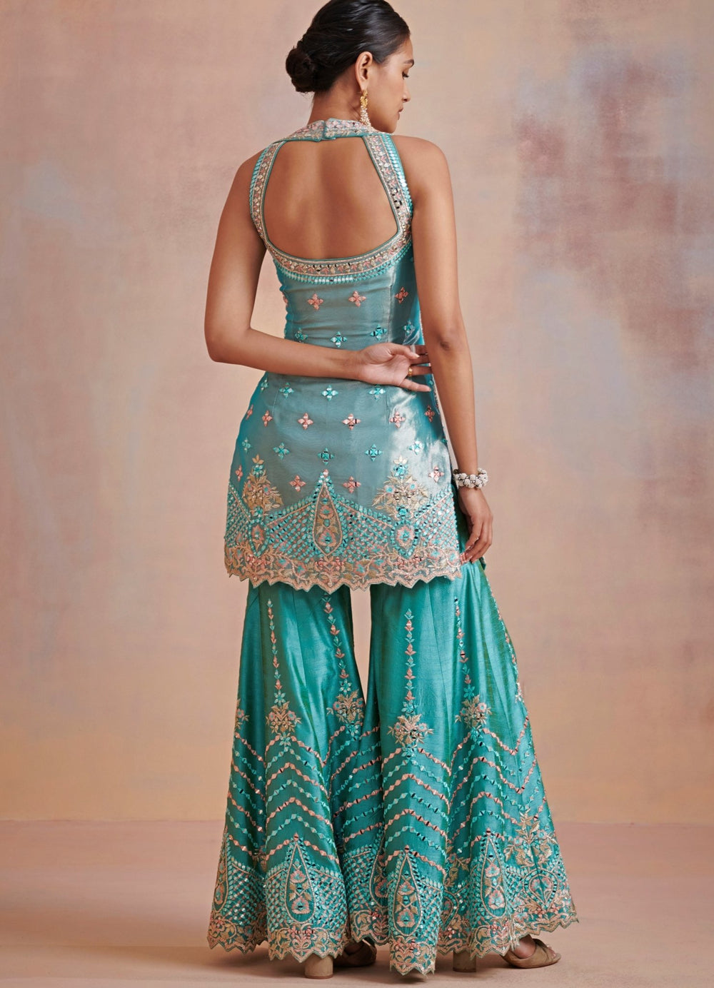 Turquoise Blue Resham and Mirror Tissue Kurta Set Suhino - Fabilicious Fashion