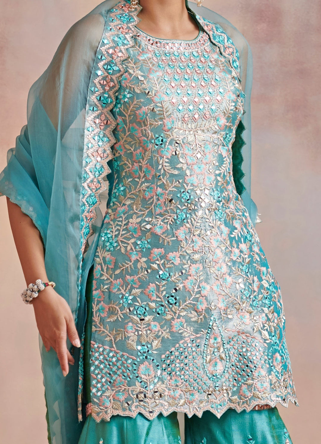 Turquoise Blue Resham and Mirror Tissue Kurta Set Suhino - Fabilicious Fashion