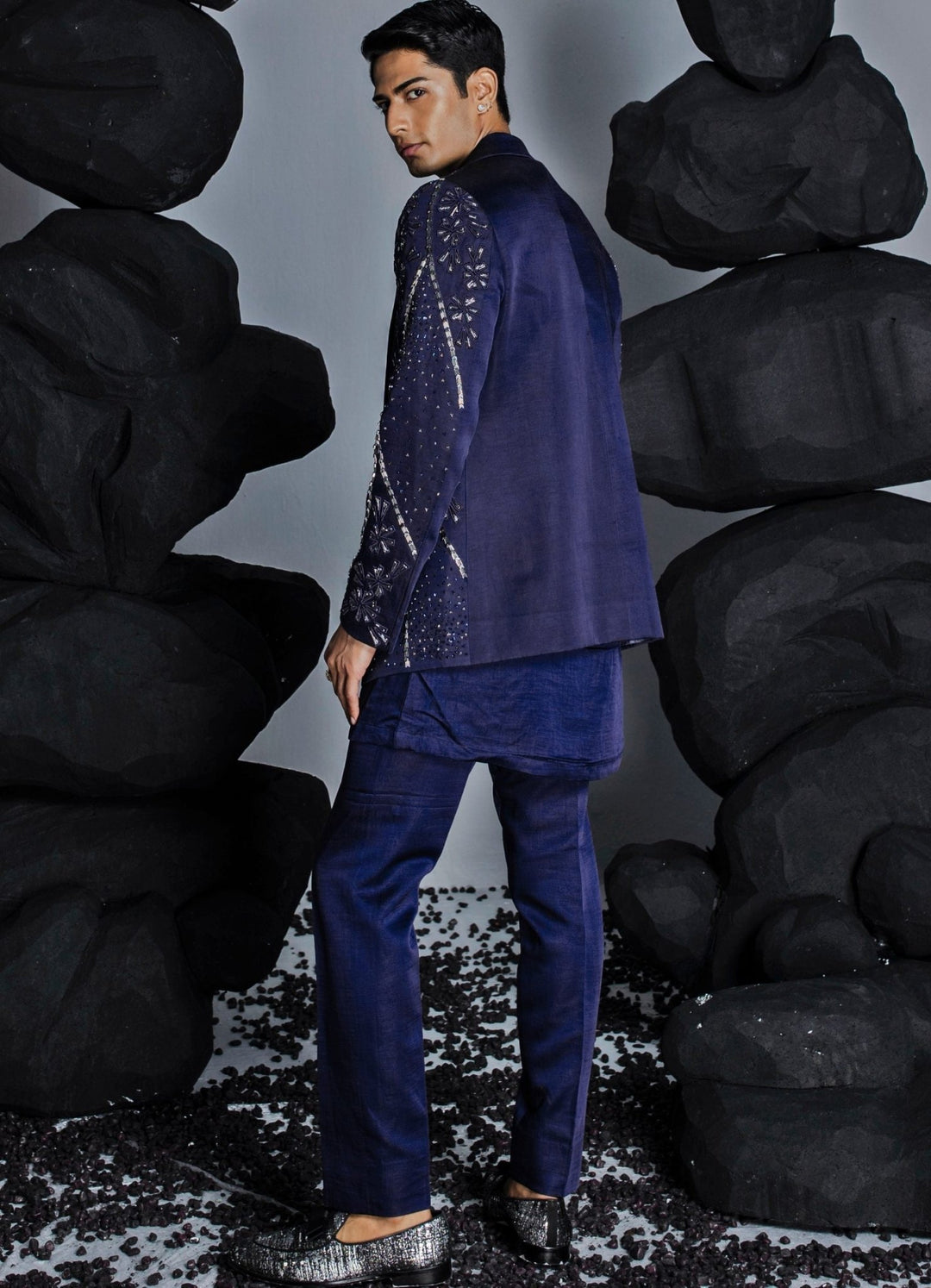 Twilight Blue Embellished Silk Jacket With Textured Kurta Contrast By Parth - Fabilicious Fashion