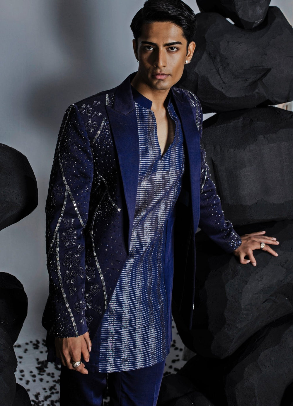 Twilight Blue Embellished Silk Jacket With Textured Kurta Contrast By Parth - Fabilicious Fashion