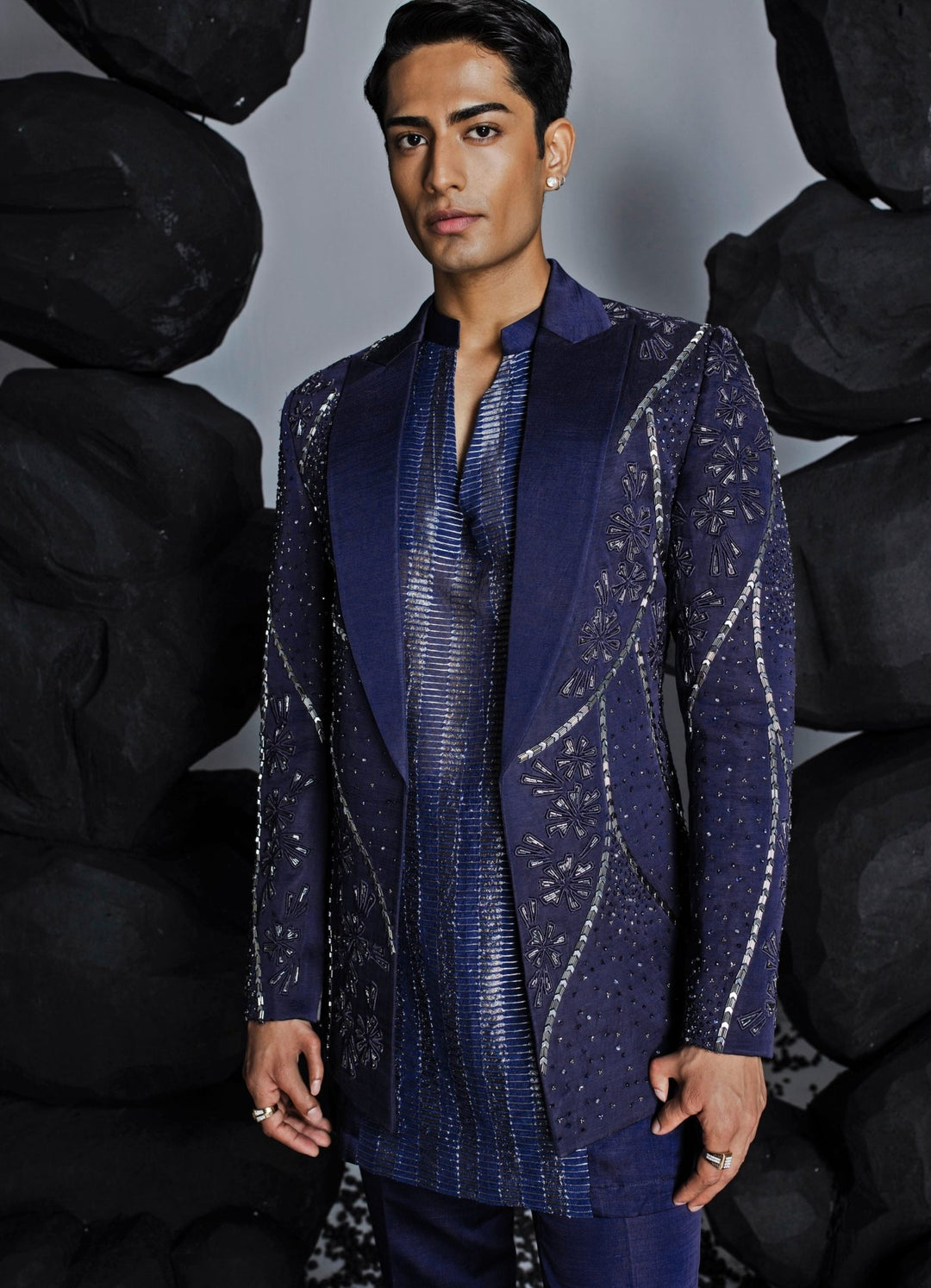 Twilight Blue Embellished Silk Jacket With Textured Kurta Contrast By Parth - Fabilicious Fashion