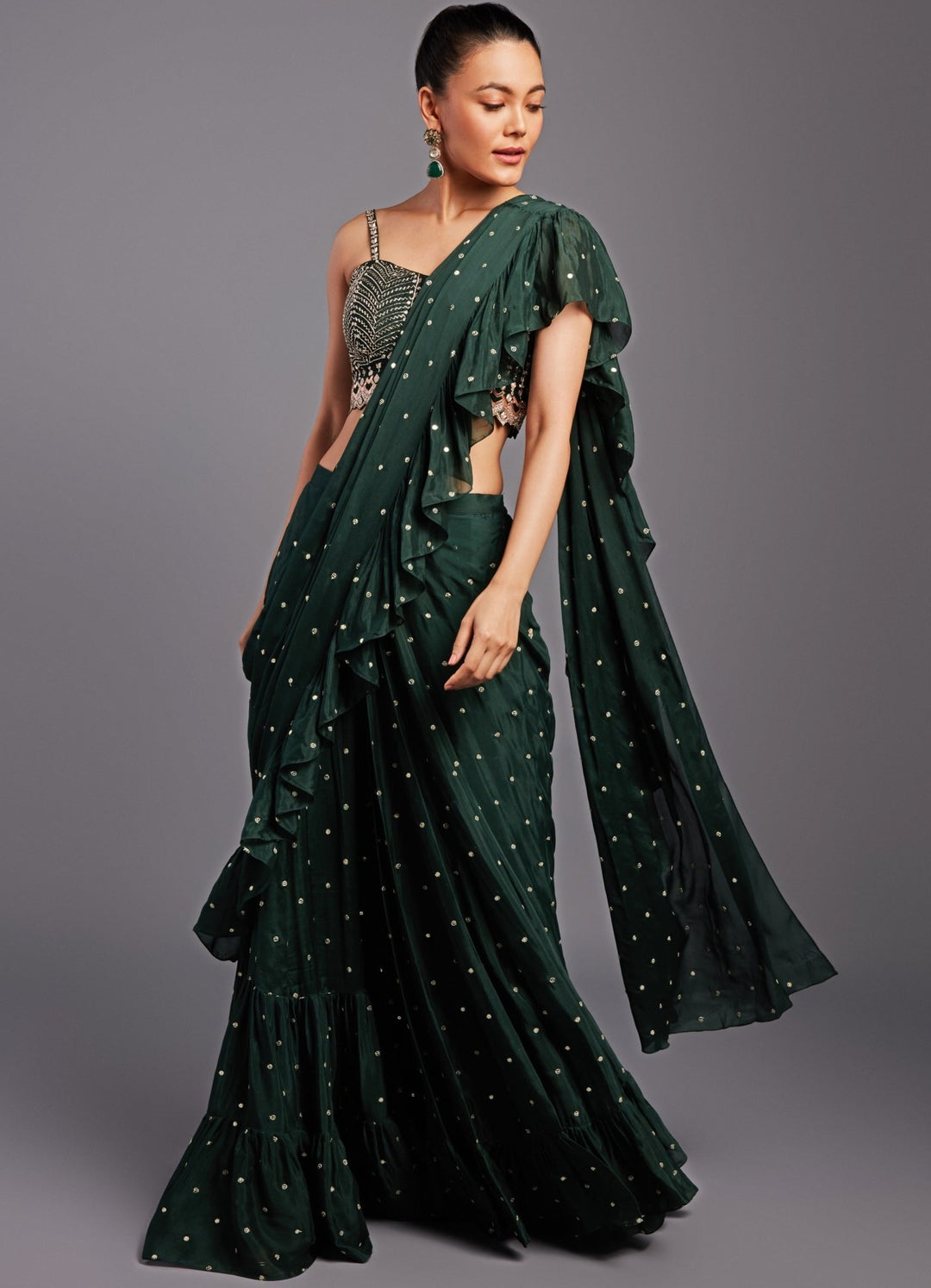 Veronica Forest Green Pre-Stitched Ruffle Saree Set Chamee n Palak - Fabilicious Fashion