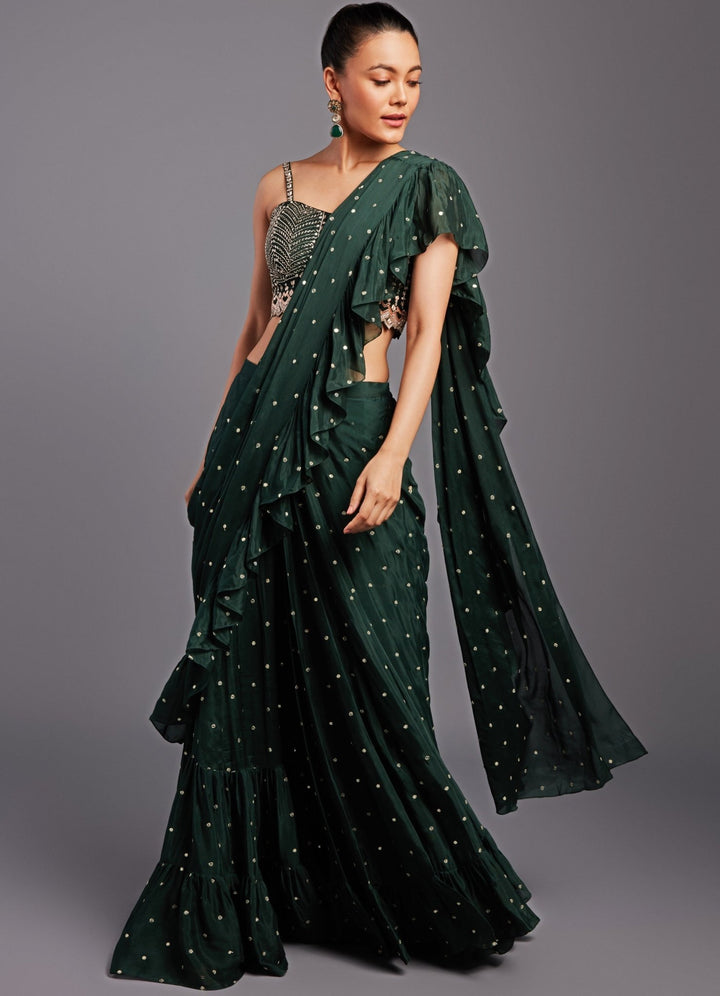 Veronica Forest Green Pre-Stitched Ruffle Saree Set Chamee n Palak - Fabilicious Fashion
