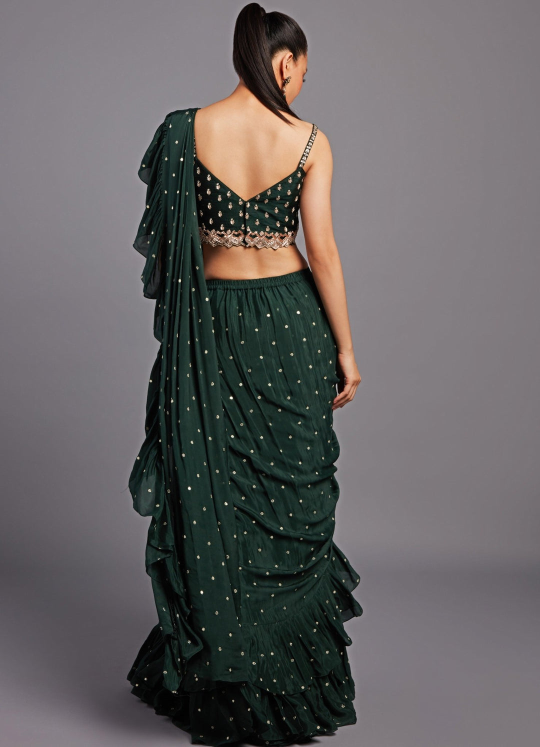 Veronica Forest Green Pre-Stitched Ruffle Saree Set Chamee n Palak - Fabilicious Fashion