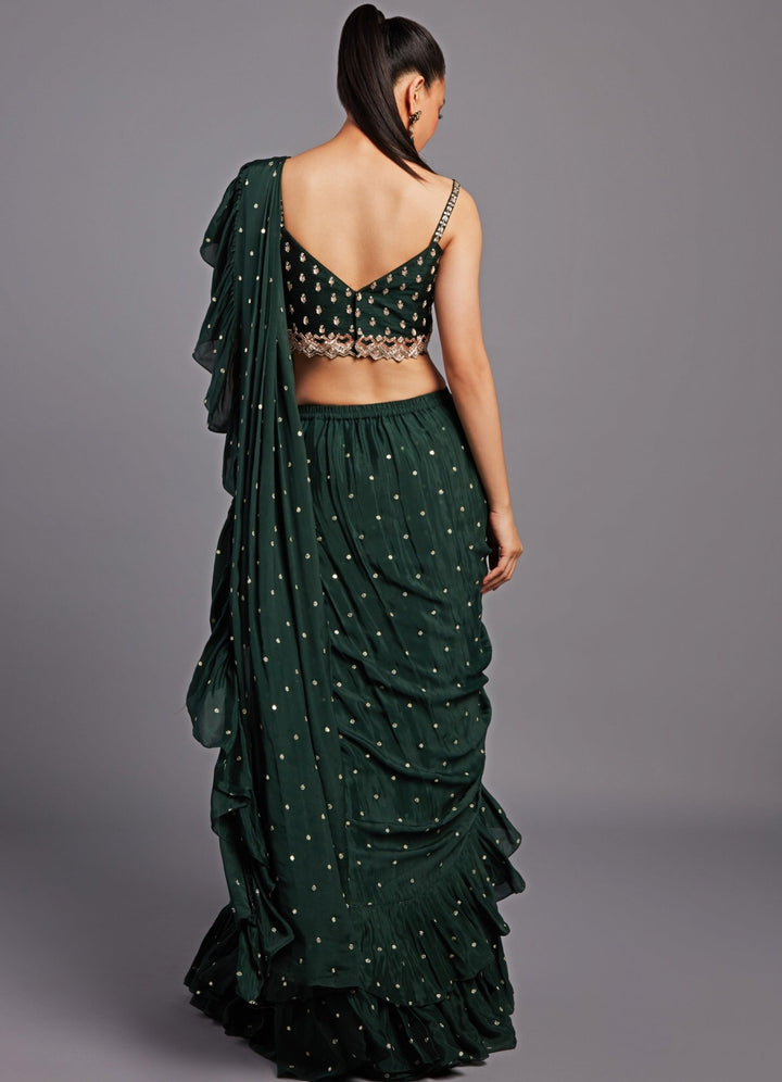 Veronica Forest Green Pre-Stitched Ruffle Saree Set Chamee n Palak - Fabilicious Fashion