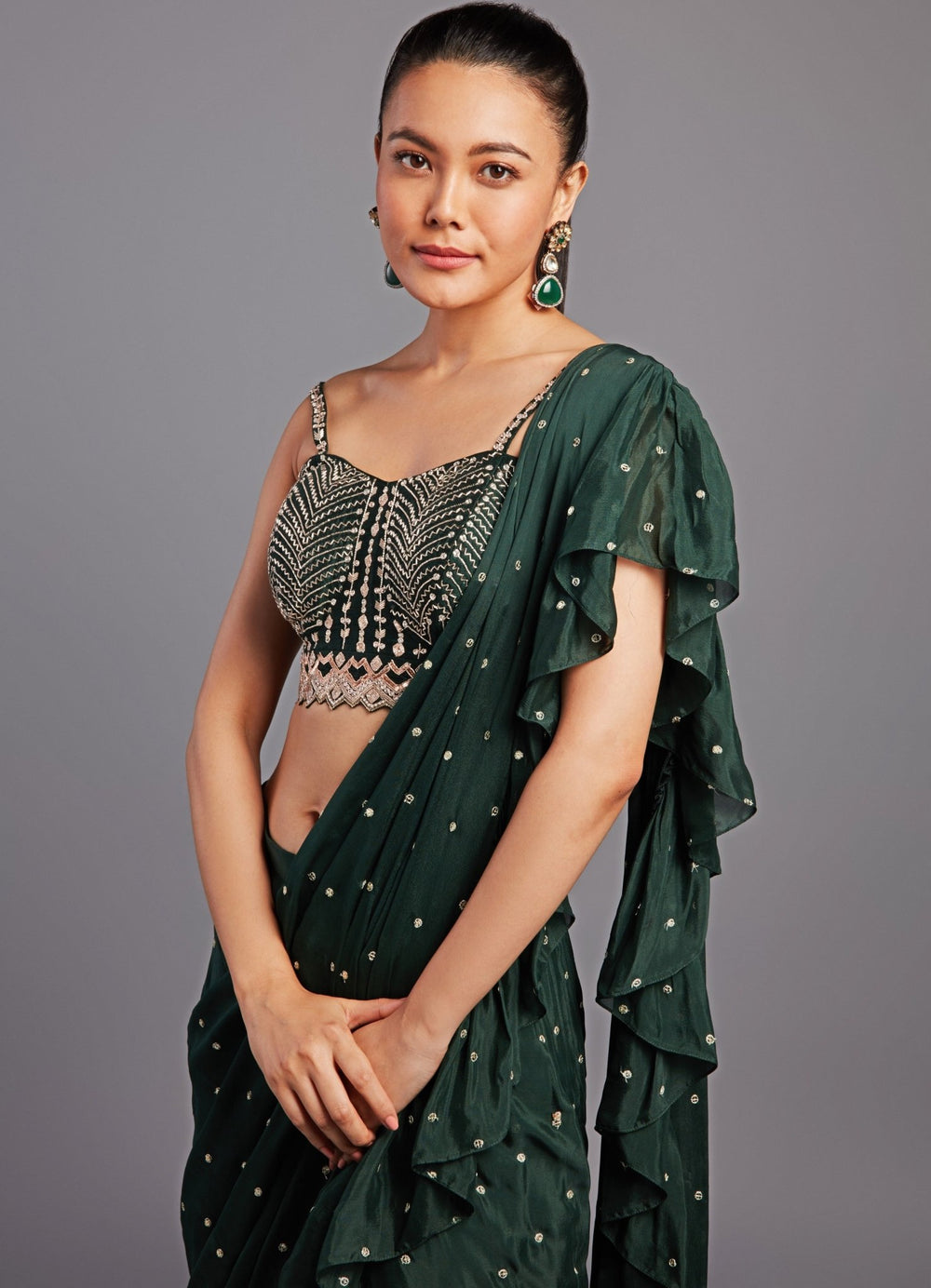 Veronica Forest Green Pre-Stitched Ruffle Saree Set Chamee n Palak - Fabilicious Fashion