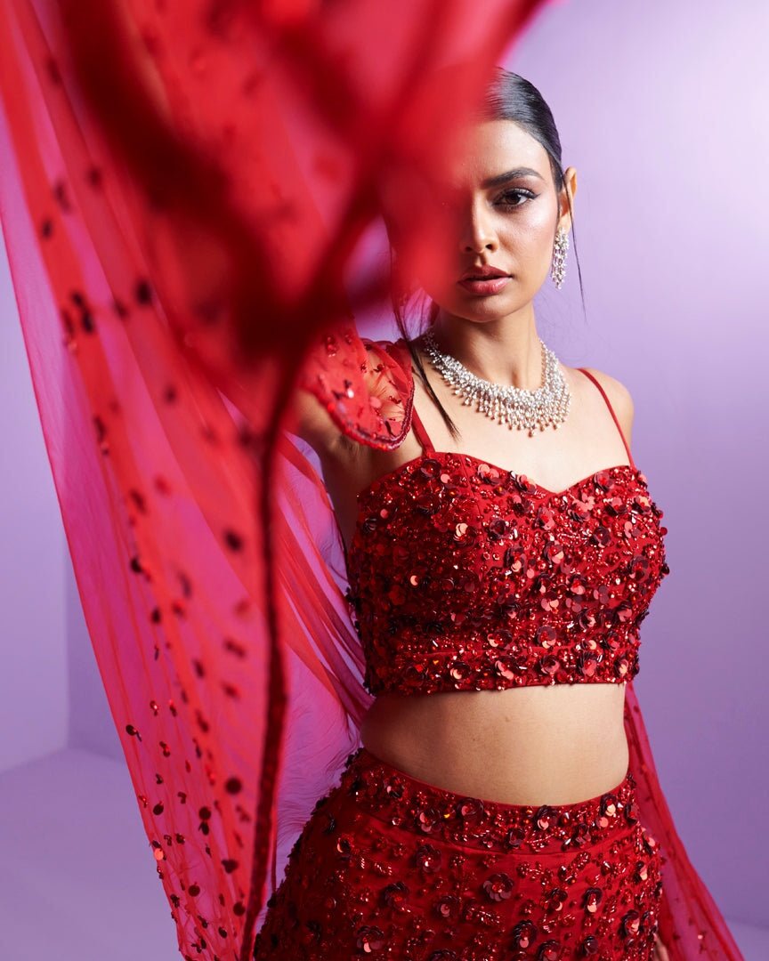 Vivid Red Crystal And Sequins Organza Lehenga Set Parul Gandhi - Fabilicious Fashion