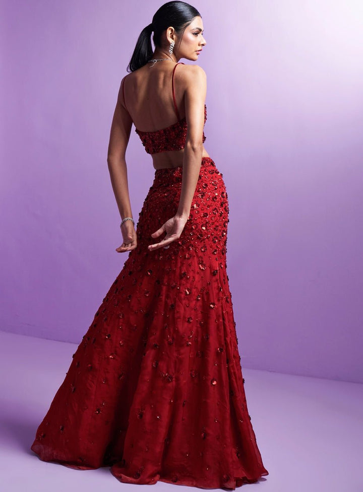 Vivid Red Crystal And Sequins Organza Lehenga Set Parul Gandhi - Fabilicious Fashion