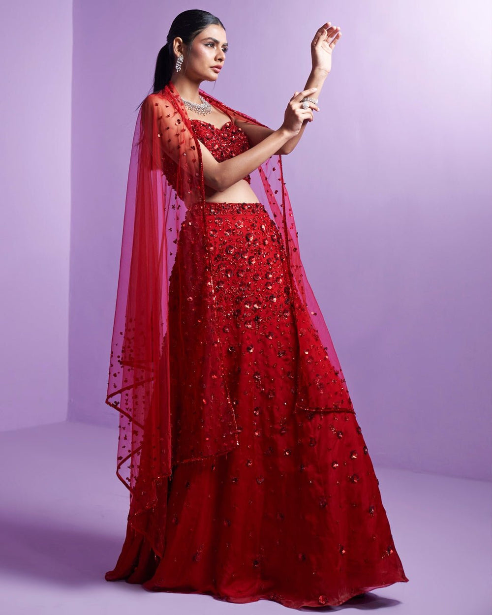 Vivid Red Crystal And Sequins Organza Lehenga Set Parul Gandhi - Fabilicious Fashion