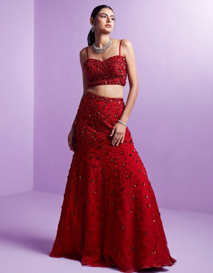 Vivid Red Crystal And Sequins Organza Lehenga Set Parul Gandhi - Fabilicious Fashion