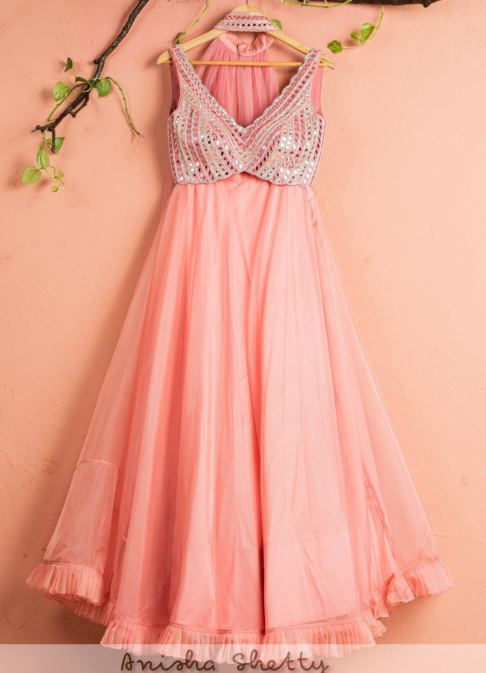 Watermelon Pink Abla Lehenga Set With Mirror work Blouse and Choker Dupatta Anisha Shetty - Fabilicious Fashion