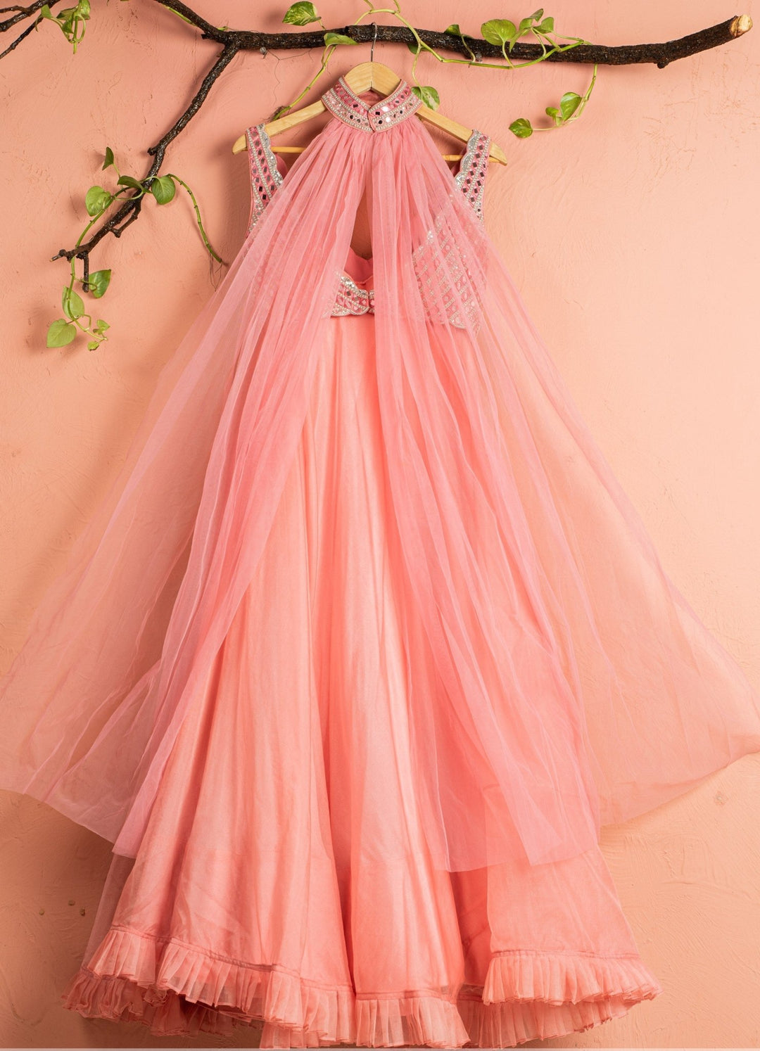 Watermelon Pink Abla Lehenga Set With Mirror work Blouse and Choker Dupatta Anisha Shetty - Fabilicious Fashion