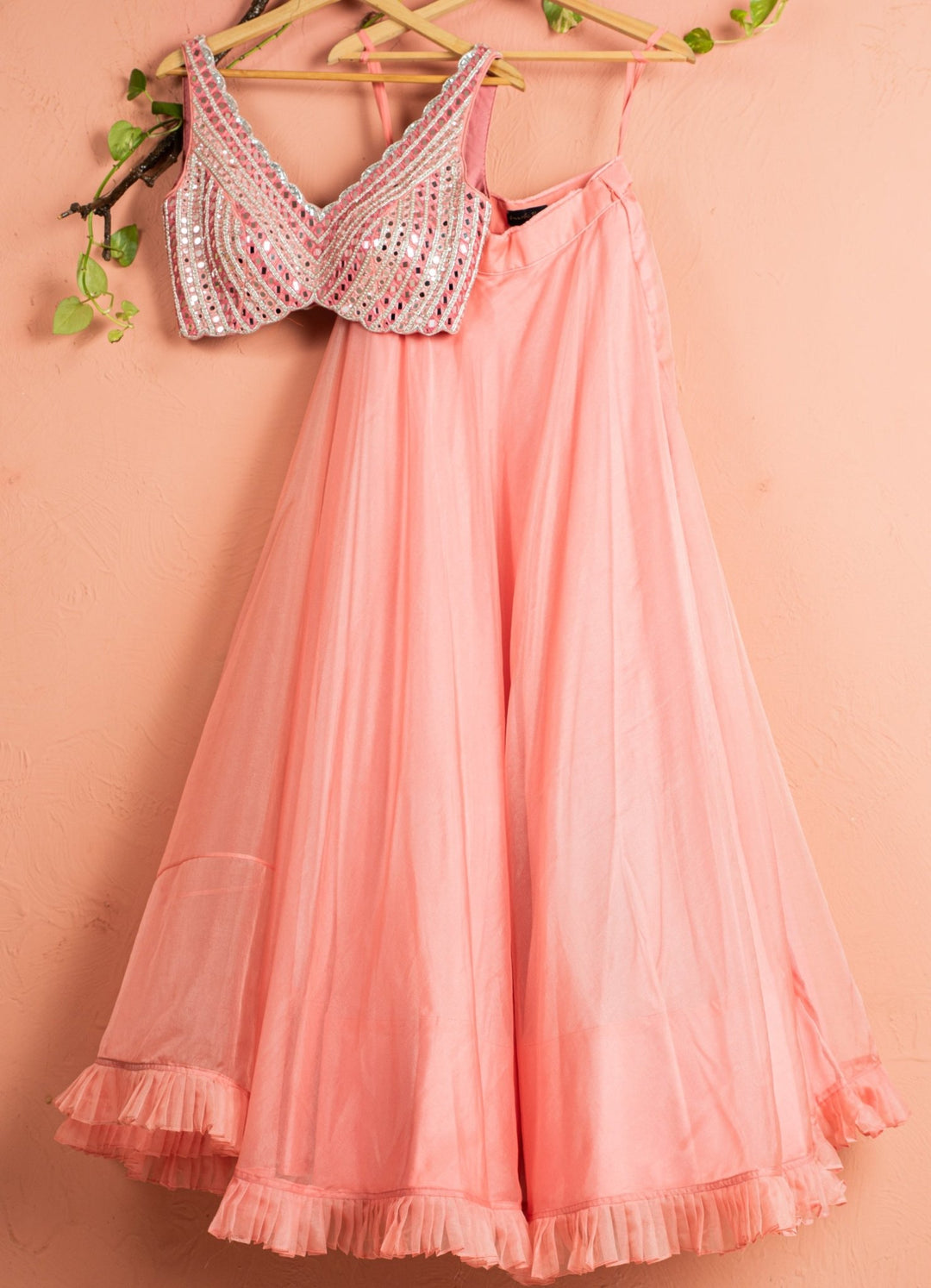 Watermelon Pink Abla Lehenga Set With Mirror work Blouse and Choker Dupatta Anisha Shetty - Fabilicious Fashion