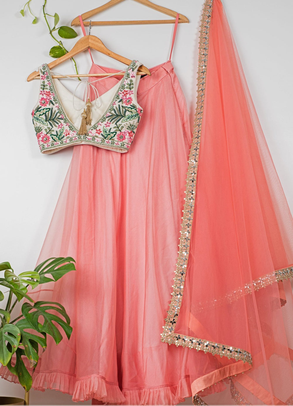 Watermelon Pink Organza Lehenga With Embroidered Blouse and Pink Dupatta Anisha Shetty - Fabilicious Fashion